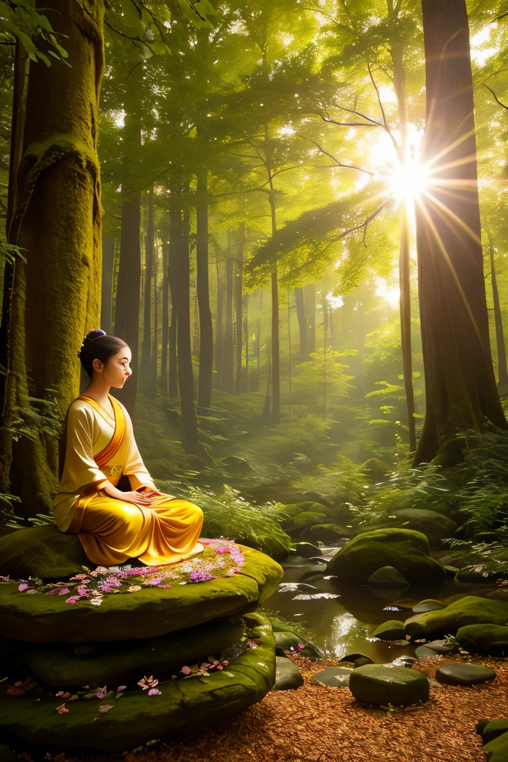 A mystical meditation scene set in an enchanted forest, (moody: 1.1), (soft focus: 1.2), ethereal light filtering through the leaves, (whispers of sunlight: 1.3), (intricate details: 1.2), lotus flower in full bloom, (calm and serene: 1.1), (mindful posture: 1.3), monk in flowing robes, (focused expression: 1.4), hands in traditional meditation pose, mystical symbols and runes adorned on the tree trunks and stones, (warm colors: 1.1), gold and amber h