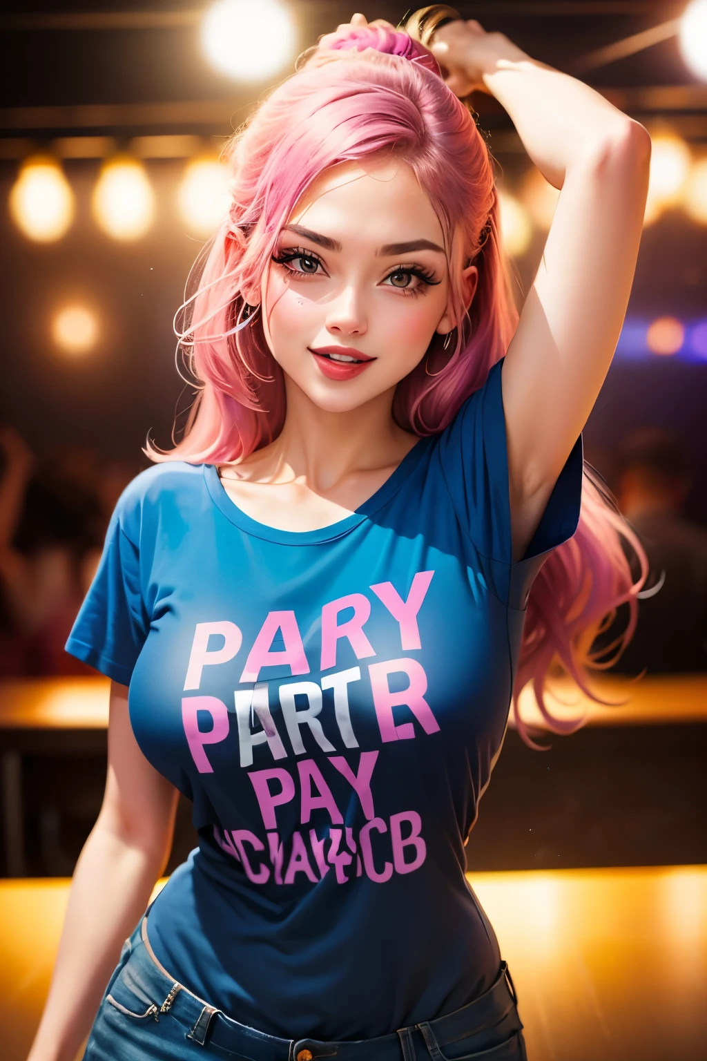 Party girl on a dance club, wear a t-shirt on which * how* is written