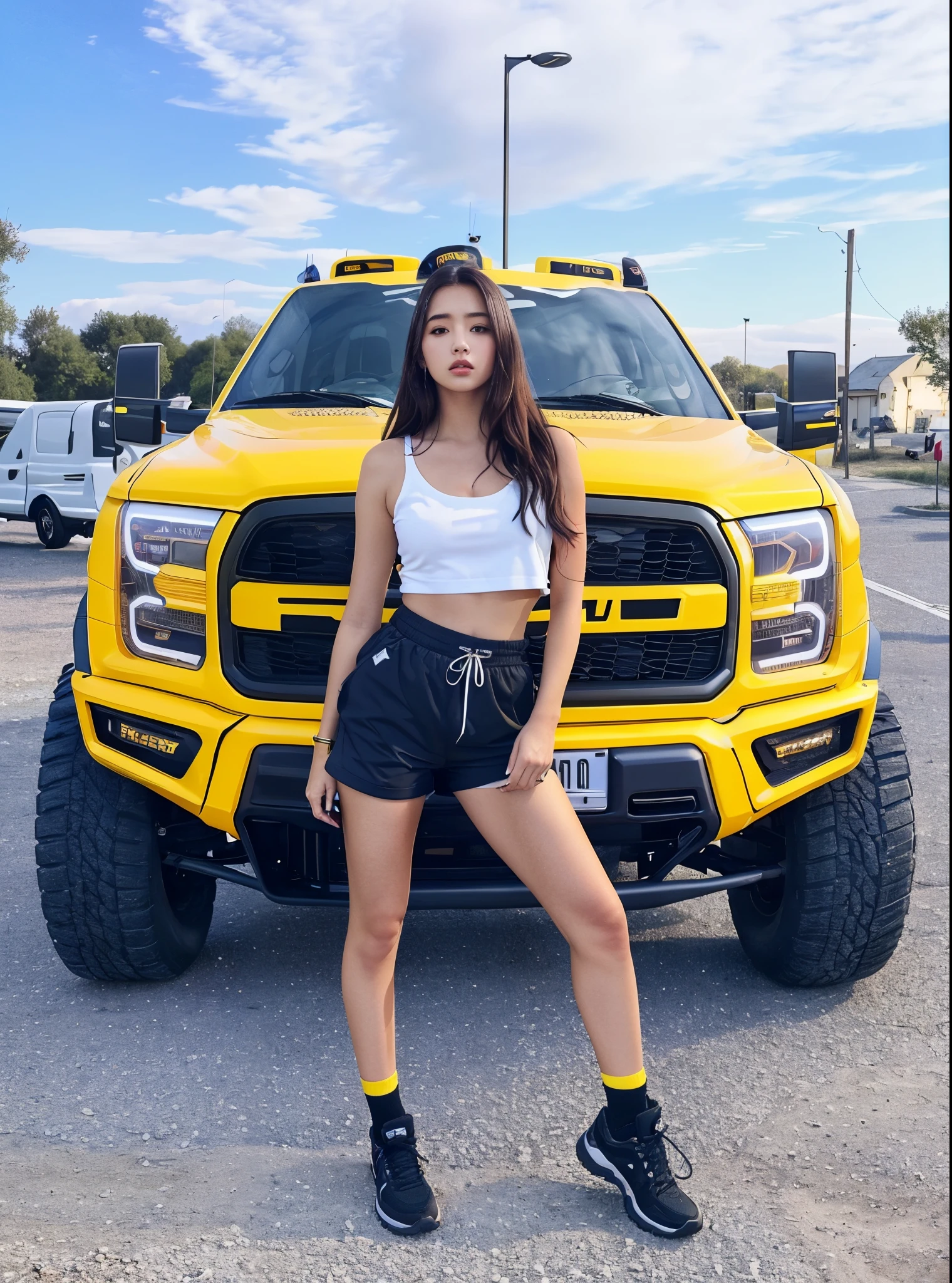 arafed woman in a white top and black shorts standing next to'un camion jaune, Bella Poarch, photo de profil, instagram model, image de profil, e-fille, e - fille, 🔥 😎 🕹️ 👀 :2, jaune et noir, Ford F-150 Raptor, Shaxi, Breathtaking beauty, noir et jaune, magnifique femme
