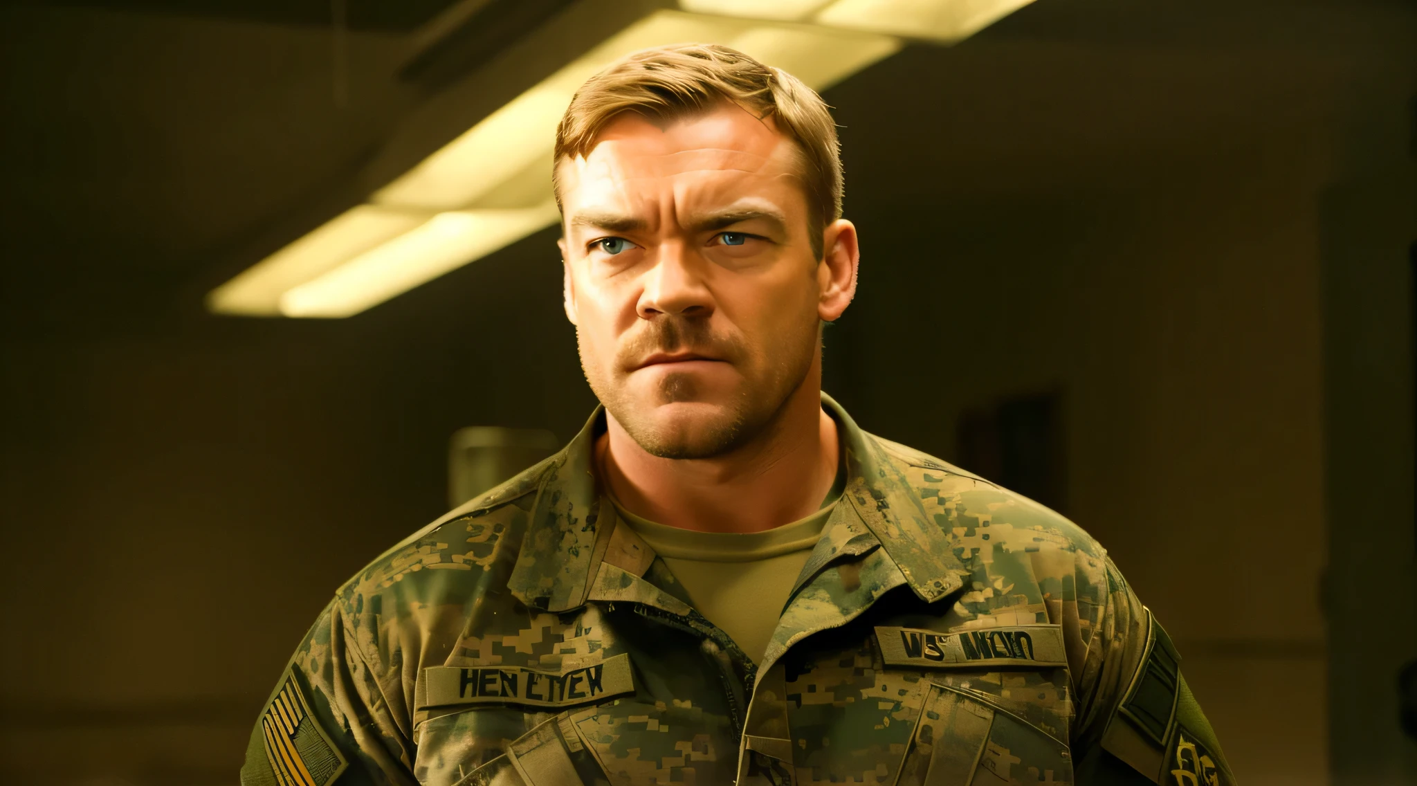 there is a man in a military uniform standing in a room, marton csokas, rugged soldier, an angry muscular army general, wonderful scene, tyler jacobson style, complex scene, white american soldier, shot from movie, hq, big boss, full color still, actor, best scene, inspired by Tyler Jacobson, war movie scene, hero, slide show