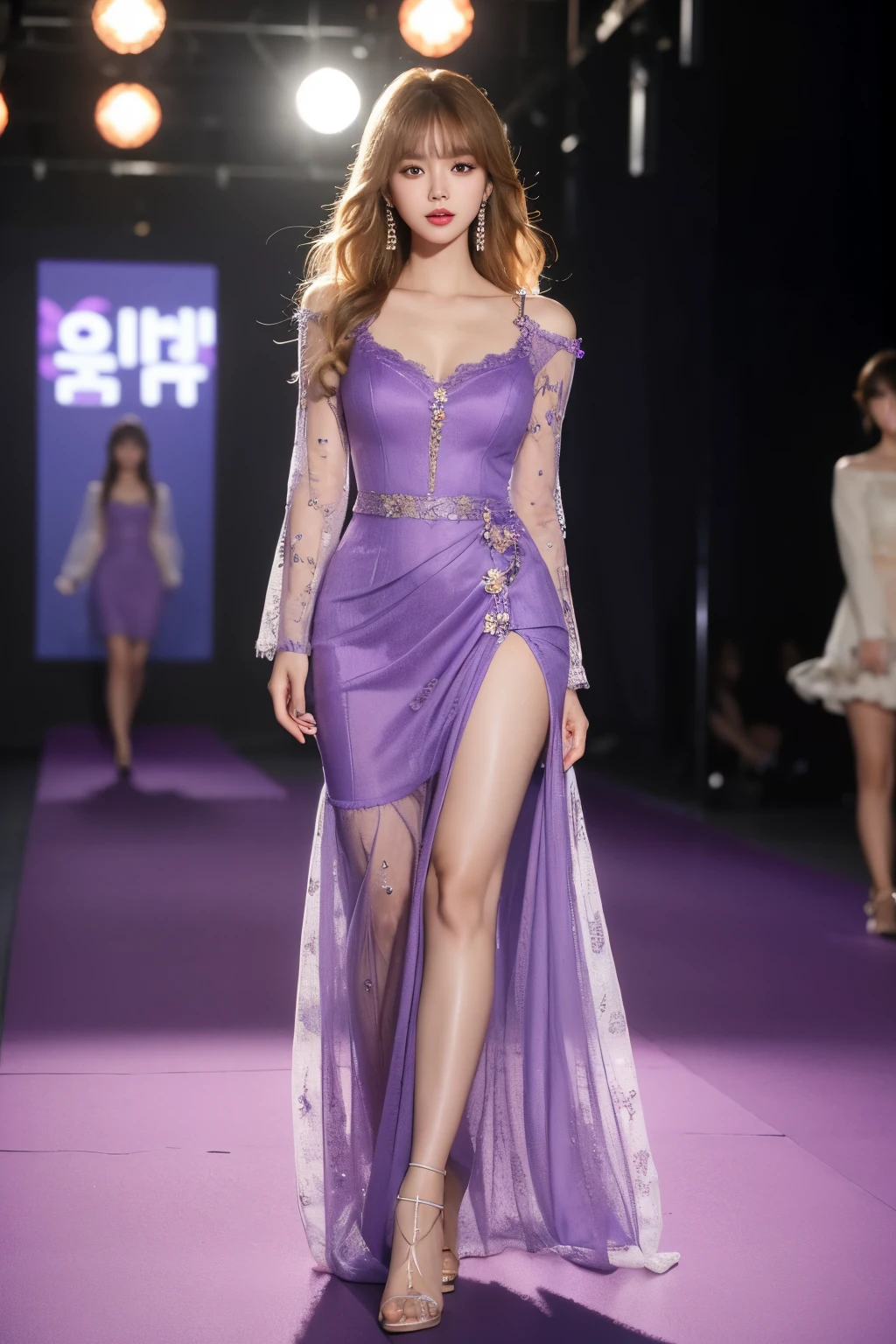 South Korean woman, very beautiful, perfect face, medium curly blonde hair with bangs, she is a model and is parading on the catwalk in a tube dress with purple sleeves, she wears beautiful earrings, perfect full body, she is being photographed