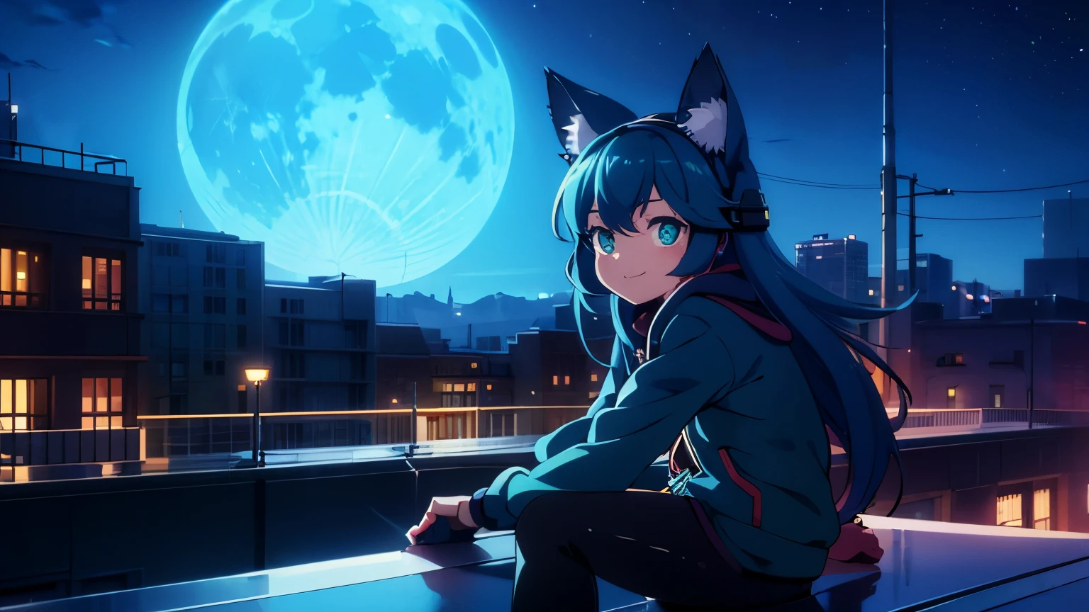 A humanized girl cat with blue fur and green eyes, wearing headphones and a leather jacket, is sitting on the edge of a rooftop at night. The city lights are shining behind her, and the moon is reflected on the sea. She is smiling and enjoying the music, unaware of the camera that is capturing this moment.