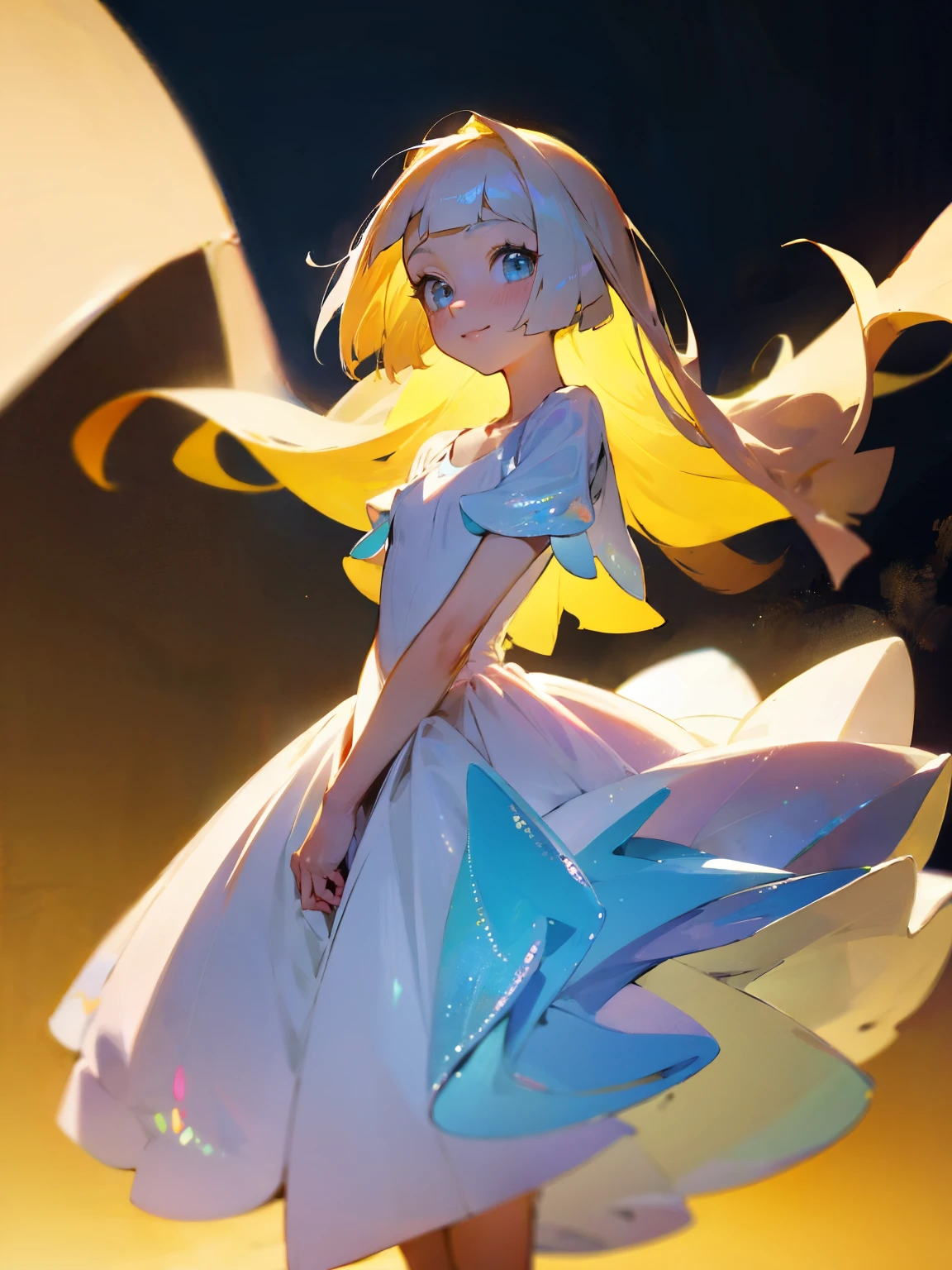 bioluminescent shiny glow, beautiful girl in flowing ballgown dress, Lillie wearing flowing organza galaxy dress, galaxy style dress, galaxy glow, sparkling, ethereal, fluffy flowing hair, silky glistening iridescent ash hair, long flowing silky hair, tender eyes, innocent, pure, cute, delicate, wholesome smile, sweet, tender, cozy, ethereal, flower breeze, GOOD EYE, PERFECT FACE, PERFEFT EYES, lillie from pokemon, Lillie