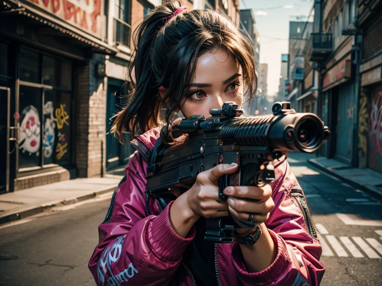 (best quality), (high detail), (vivid colors), (graffiti style), (freestyle), (Close up), (1girl), sexy militant woman with a assault rifle, HDR, 4K, 3D, graffiti art style.