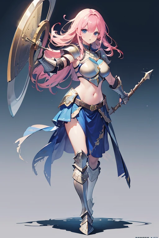 Masterpiece, Top Quality, Very Beautiful Girl, Beautiful Face and Eyes, Beautiful Hair, Solo, 1 Woman, Full Body Drawing, Dynamic Angle, (Armor: 2), pink Hair, Long Hair, Navel Out, Skirt, Battle Axe, Perfect Bust, Taut Breasts, Amazing Bust, Huge Breasts, Tall, blue eyes
