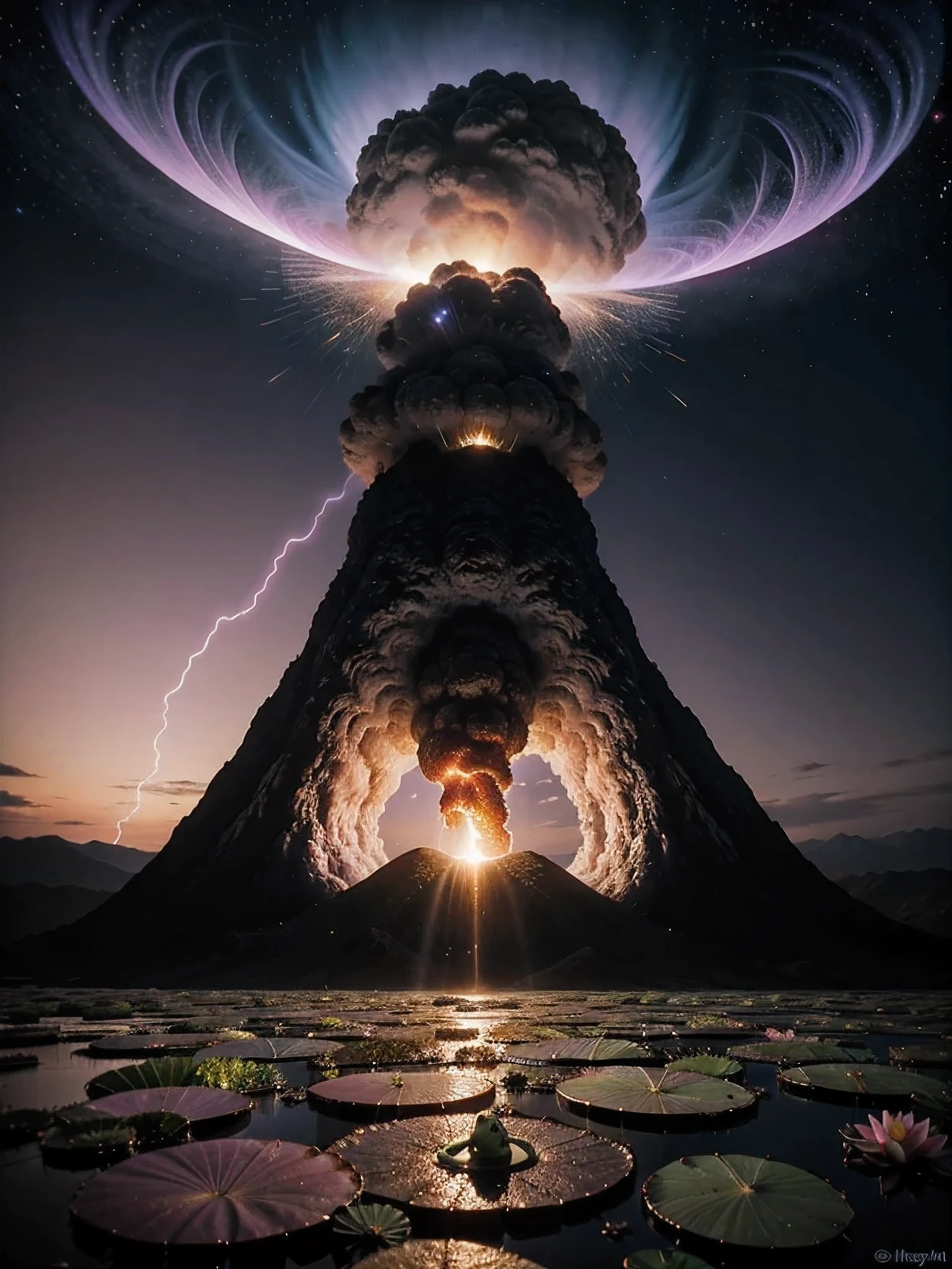 volcanoes,blaze,blasts,molten lava,dense smoke,Nuclear explosion mushroom cloud explosion site,Pair with purple and blue gemstones, The fantasy is very detailed, Has a gorgeous magic lightning ring, magia, beautiful detailed fantasy, hyper-high detail, , The magic fantasy is very detailed, Stunning fantasy 3d rendering, Inspired by L. A, Highly detailed aesthetics, hyper-high detail