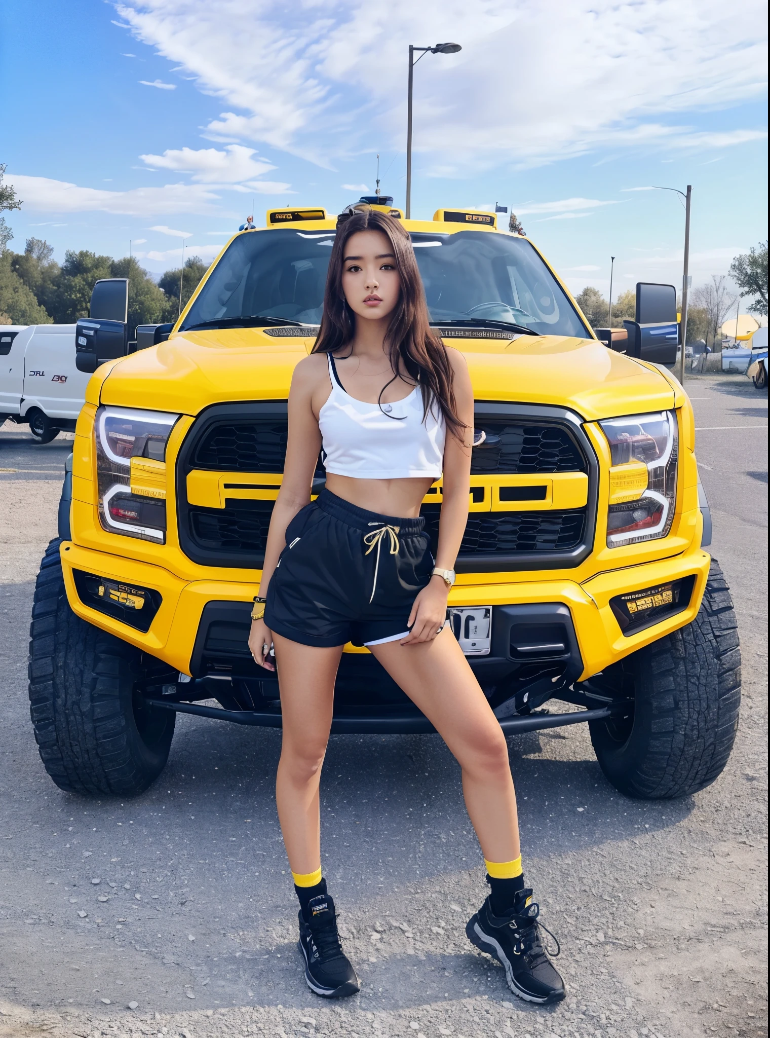 arafed woman in a white top and black shorts standing next to'un camion jaune, Bella Poarch, photo de profil, instagram model, image de profil, e - fille, 🔥 😎 🕹️ 👀 :2, e-fille, jaune et noir, Ford F-150 Raptor, Shaxi, Breathtaking beauty, generous chest, noir et jaune, magnifique femme