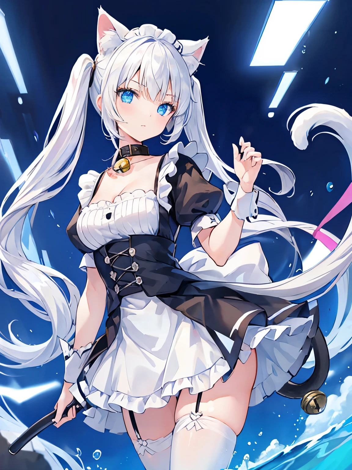 1girl,blue eyes,white hair,twintails,{{maid}},miniskirt,cat ears(white),cat tail(white),facing at viewer,collar with bell,