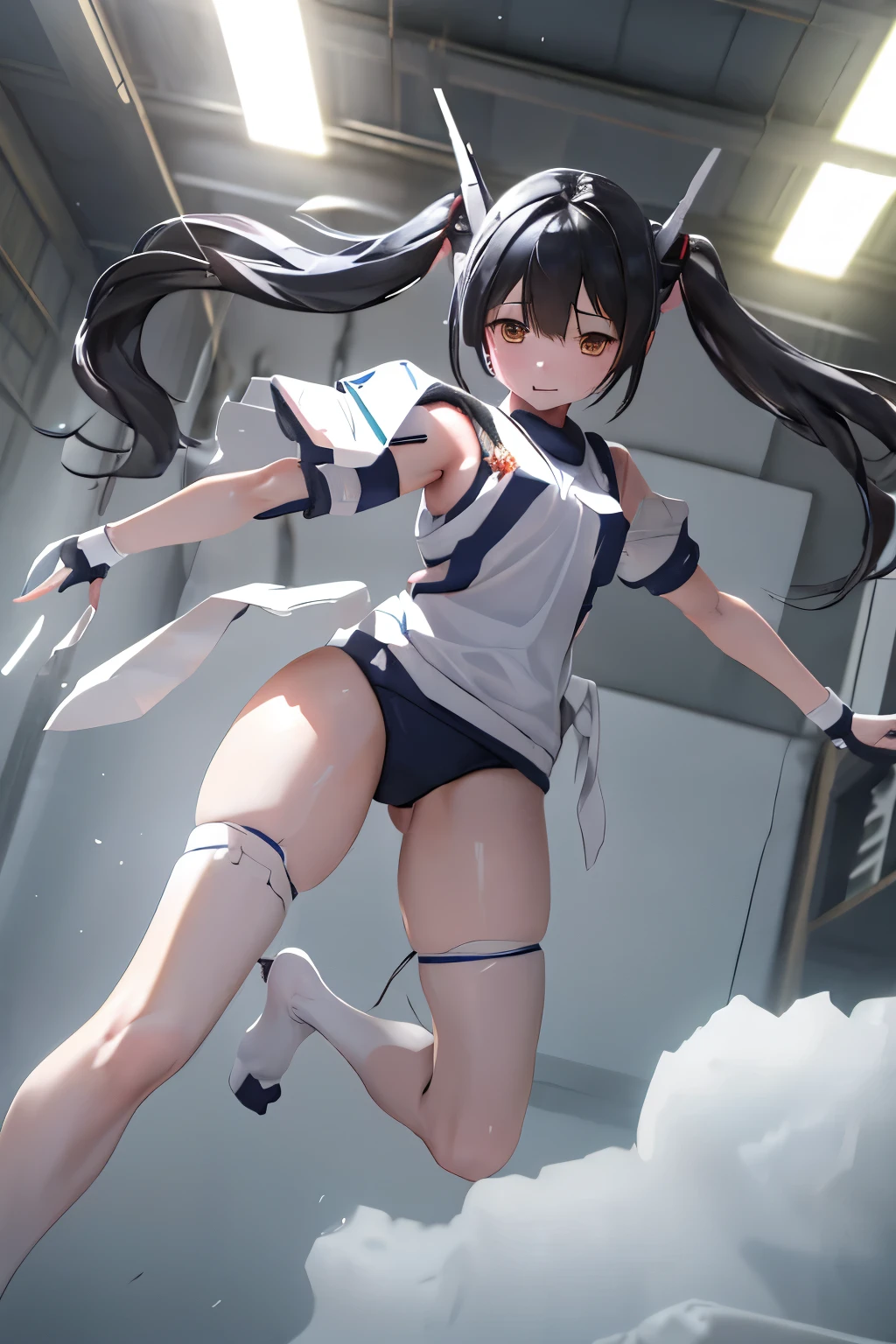 (highest quality)), ((masterpiece)), (very detailed: 1.3), 3D, {(1  girl)}, (wear navy buruma and white gym uniform with colored hem under armor:1.2), (black hair:1.5), (She is fused with futuristic Gundam mecha:1.2), with headgear, with v-fin , armored shoulders,armored under arms, armored under legs, short sleeve, attached 2 huge weapons on back, legs mounted weapon module, multilayer textureperfect proportions, octane rendering, duotone lighting, Low ISO, wide aperture, White balance, Rule of thirds, ultra HD16k, HDR (High Dynamic Range), Ray Tracing, NVIDIA RTX, Super Resolution, Subsurface Scattering, PBR Texturing, Post Processing, Anisotropic Filtering, Depth of Field, Maximum Clarity and Clarity, High efficiency subpixel, subpixel convolution, particles of light, light scattered, Tyndall effect, full body:1.5, battle pose, cute, (cute:1.2), (long hair:1.3),太い眉毛, 薄い色の虹彩, 大きくて輝いている黒い瞳, 長いまつげ, 小さく薄い色の自然な唇, (Average face of Japanese idols), (日本人特有の童顔:1.3), (baby おでこ:1.2, ふっくらした頬, 小さな顎, in the hangar,looking at viewer,Focus on the eyes 