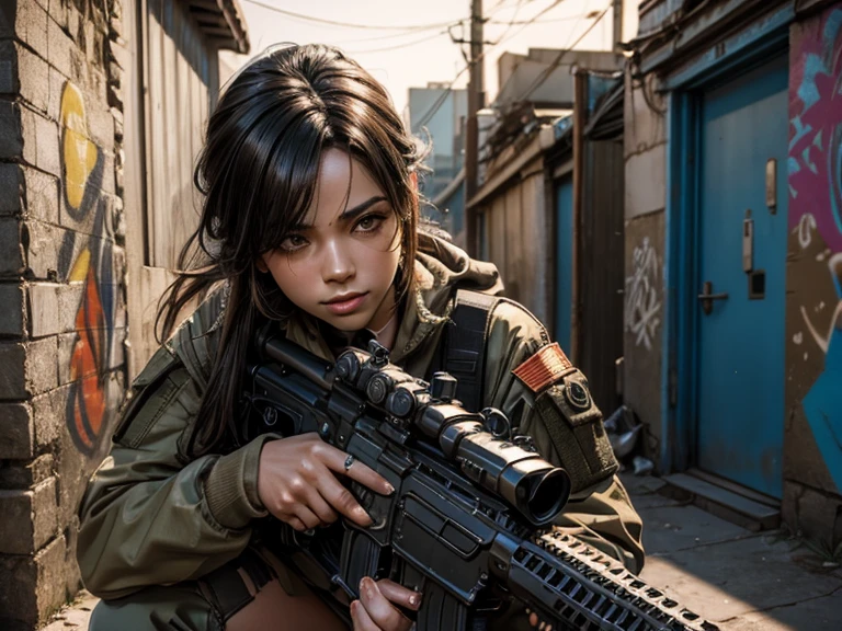 (best quality), (high detail), (vivid colors), (tactical style), (tactical), (Close up), (1girl), sexy militant woman with a assault rifle, leaning against a damaged wall with bullet holes in it, HDR, 4K, 3D, graffiti art style.