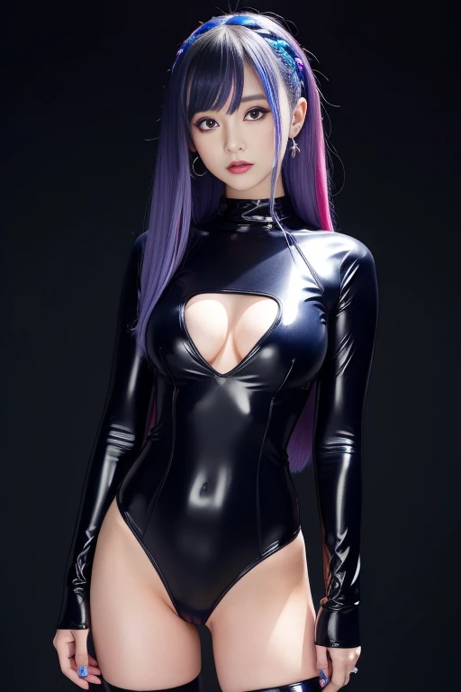female idol、full body Esbian、sheer latex tight mini dress(neon indigo)、multicolor hair、
