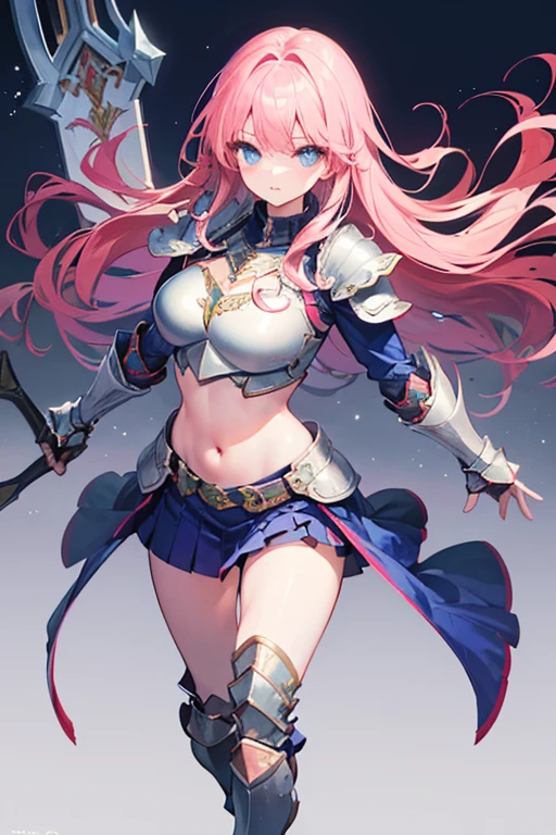 Masterpiece, Top Quality, Very Beautiful Girl, Beautiful Face and Eyes, Beautiful Hair, Solo, 1 Woman, Full Body Drawing, Dynamic Angle, (Armor: 2), pink Hair, Long Hair, Navel Out, Skirt, Battle Axe, Perfect Bust, Taut Breasts, Amazing Bust, Huge Breasts, Tall, blue eyes