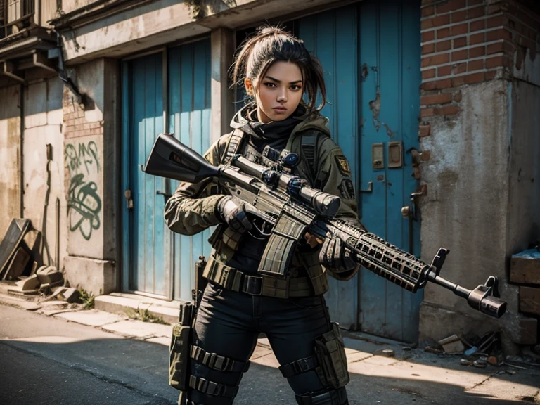 (best quality), (high detail), (vivid colors), (tactical style), (tactical), (action pose), (1girl), sexy militant woman with a assault rifle, leaning against a damaged wall with bullet holes in it, HDR, 4K, 3D, graffiti art style.