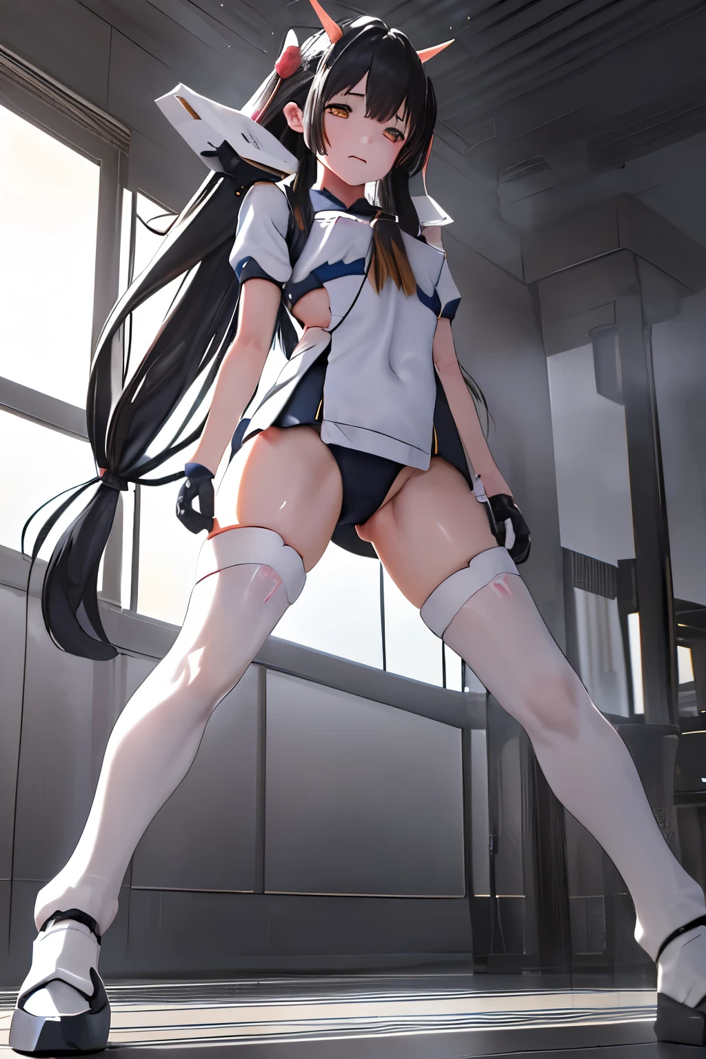 (highest quality)), ((masterpiece)), (very detailed: 1.3), 3D, {(ung girl)}, (wear navy buruma and white gym uniform with colored hem under armor:1.2), (black hair:1.5), (She is fused with futuristic Gundam mecha:1.2), with headgear, with v-fin , armored shoulders,armored under arms, armored under legs, short sleeve, attached 2 huge weapons on back, legs mounted weapon module, multilayer textureperfect proportions, octane rendering, duotone lighting, Low ISO, wide aperture, White balance, Rule of thirds, ultra HD16k, HDR (High Dynamic Range), Ray Tracing, NVIDIA RTX, Super Resolution, Subsurface Scatng, PBR Texturing, Post Processing, Anisotropic Filtering, Depth of Field, Maximum Clarity and Clarity, High efficiency subpixel, subpixel convolution, particles of light, light scattereyndall effect, full body:1.5, battle pose, cute, (cute:1.2), (long hair:1.3),太い眉毛, 薄い色の虹彩, 大きくて輝いている黒い瞳, 長いまつげ, 小さく薄い色の自然な唇, (Average face of Japanese idols), (日本人特有の童顔:1.3), (baby face), 広いおでこ:1.2, ふっくらした頬, 小さな顎, in the hangar,looking at viewer,Focus on the eyes