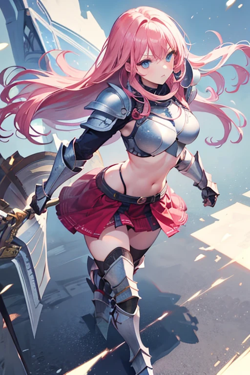 Masterpiece, Top Quality, Very Beautiful Girl, Beautiful Face and Eyes, Beautiful Hair, Solo, 1 Woman, Full Body Drawing, Dynamic Angle, (Armor: 2), pink Hair, Long Hair, Navel Out, Skirt, Battle Axe, Perfect Bust, Taut Breasts, Amazing Bust, Huge Breasts, Tall, blue eyes