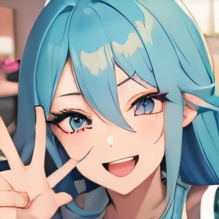 Make the face of a female anime character with long blue hair by winking one of her eyes
