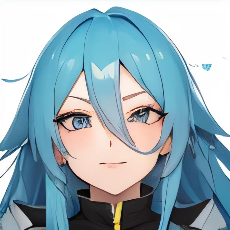 Make the face of a female anime character with long blue hair by winking one of her eyes