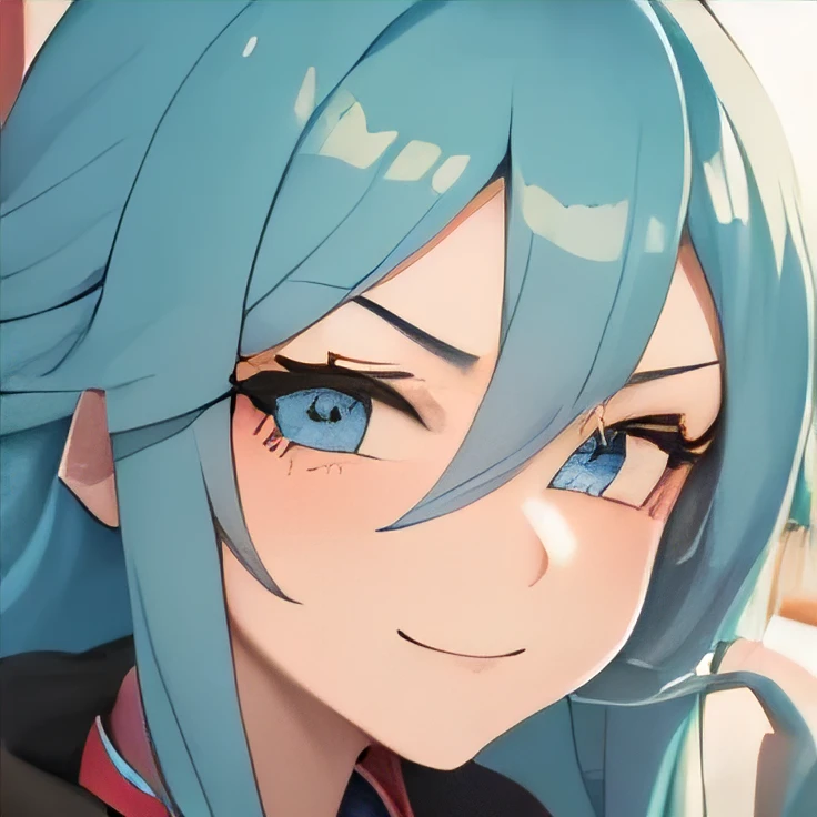 
Make the face of a female anime character with long blue hair by winking one of her eyes