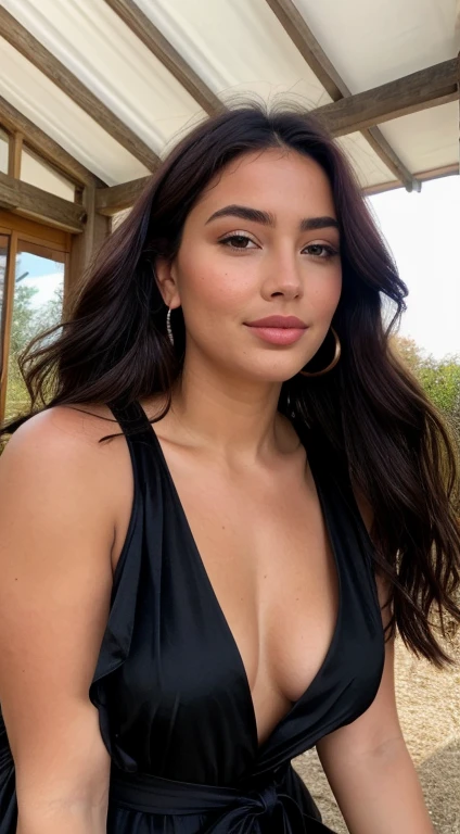 yeux marron, plump lip, en robe, dans un jardin, vue de face, cheveux noir