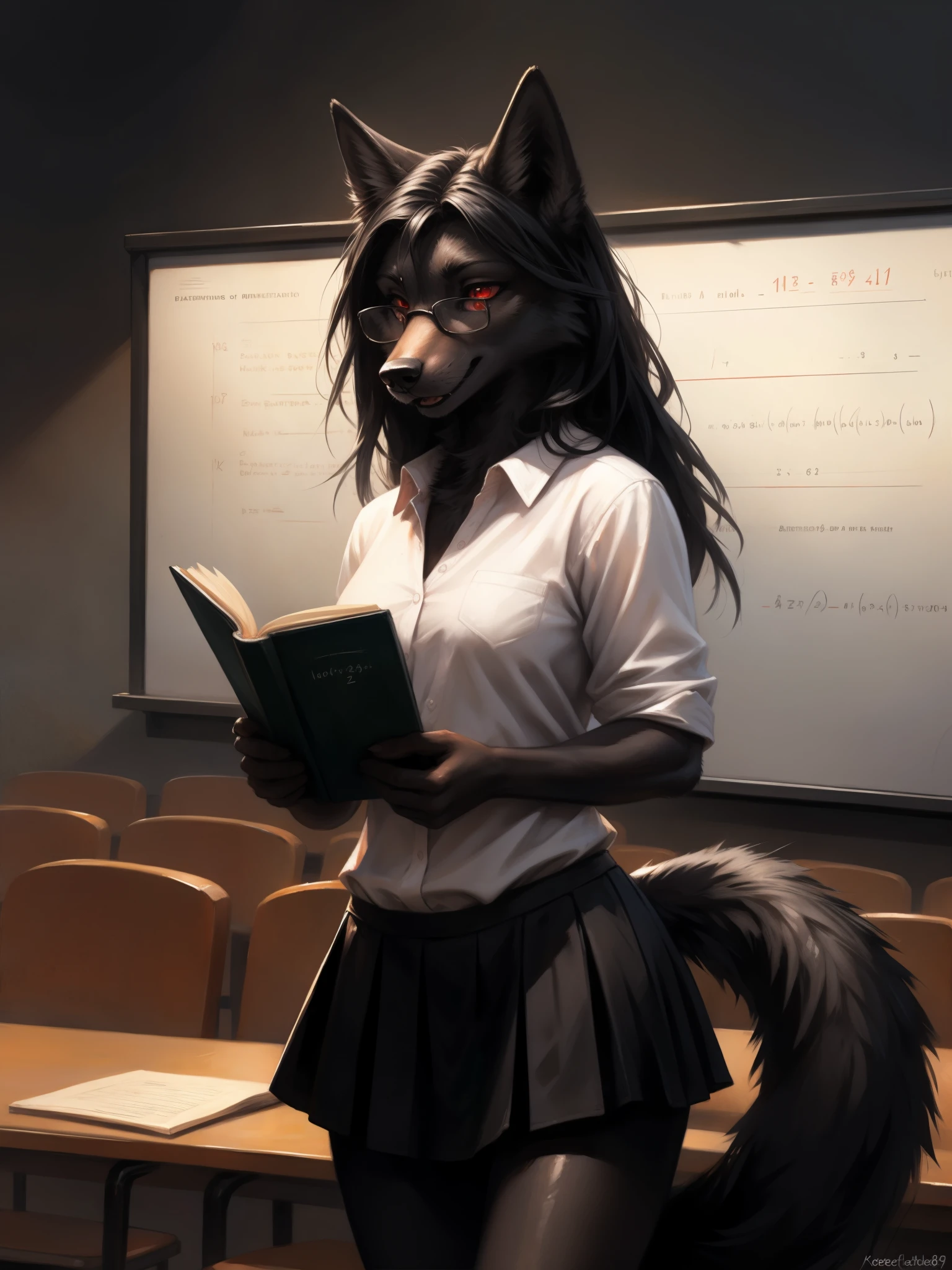 by kenket, by totesfleisch8, (by thebigslick, by silverfox5213:0.8), (by syuro:0.2), a dark grey wolf, female, red eyes, white sclera, nlack wolf ears, long black hair, straight black bangs, cute snout, black nose, black wolf tail, wearing white button up shirt, black skirt, black leggings, elegant glasses, serious expression, (mouth open):1.3, standing in front of a white board, advanced theoretical physics calculations on the white board, in a big open auditorium with a bunch of students in the audience, holding a book