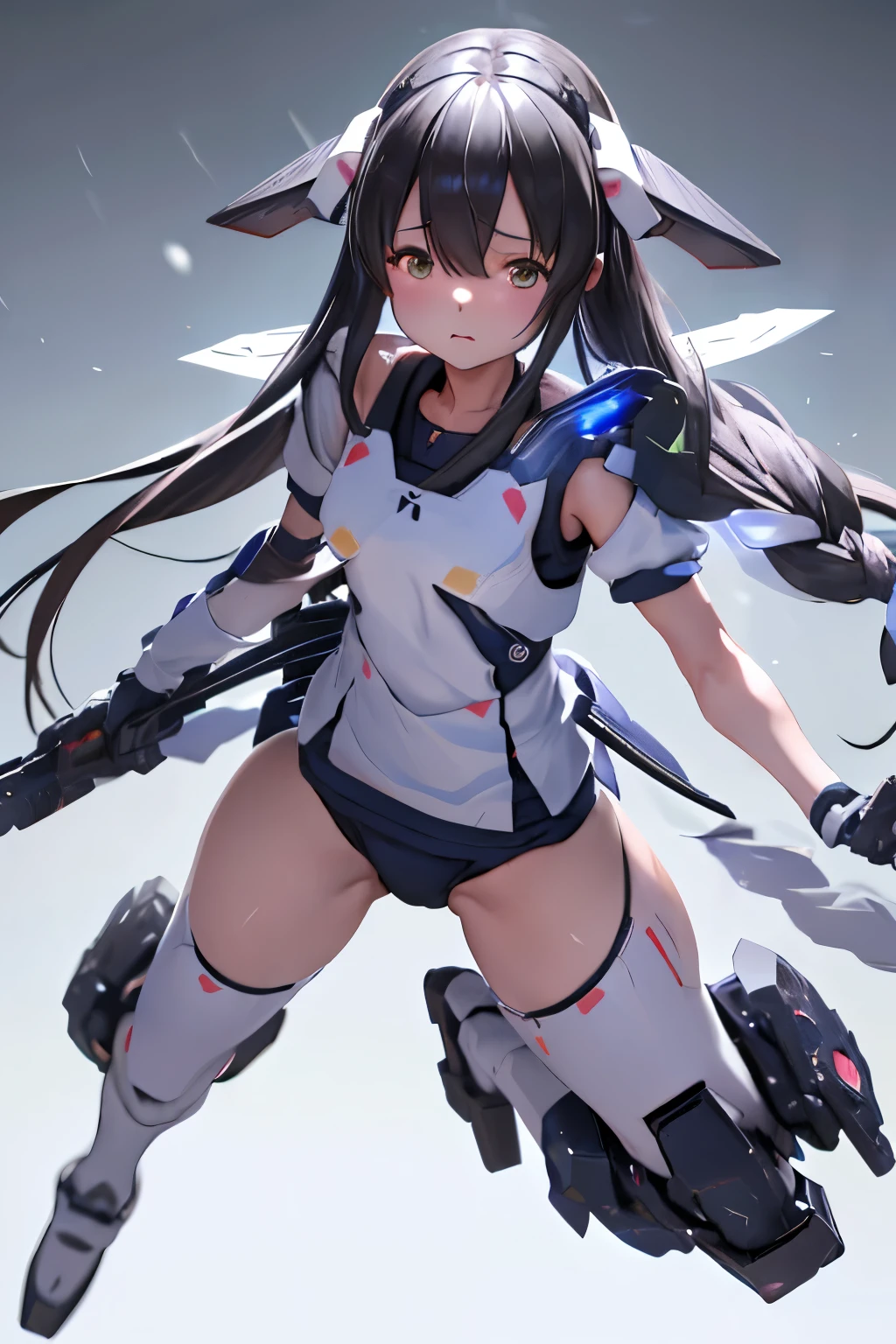 (highest quality)), ((masterpiece)), (very detailed: 1.3), 3D, {(****ung girl)}, (wear navy buruma and white gym uniform with colored hem under armor:1.2), (black hair:1.5), (She is fused with futuristic Gundam mecha:1.2), with headgear, with v-fin , armored shoulders,armored under arms, armored under legs, short sleeve, attached 2 huge weapons on back, legs mounted weapon module, multilayer textureperfect proportions, octane rendering, duotone lighting, Low ISO, wide aperture, White balance, Rule of thirds, ultra HD16k, HDR (High Dynamic Range), Ray Tracing, NVIDIA RTX, Super Resolution, Subsurface Scattering, PBR Texturing, Post Processing, Anisotropic Filtering, Depth of Field, Maximum Clarity and Clarity, High efficiency subpixel, subpixel convolution, particles of light, light scattered, Tyndall effect, full body:1.5, battle pose, cute, (cute:1.2), (long hair:1.3),太い眉毛, 薄い色の虹彩, 大きくて輝いている黒い瞳, 長いまつげ, 小さく薄い色の自然な唇, (Average face of Japanese idols), (日本人特有の童顔:1.3), (baby face), 広いおでこ:1.2, ふっくらした頬, 小さな顎, in the hangar,looking at viewer,Focus on the eyes 