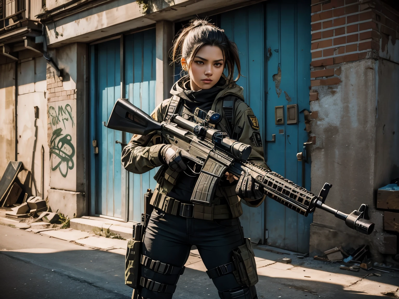 (best quality), (high detail), (vivid colors), (tactical style), (tactical), (action pose), (1girl), sexy militant woman with a assault rifle, leaning against a damaged wall with bullet holes in it, HDR, 4K, 3D, graffiti art style.
