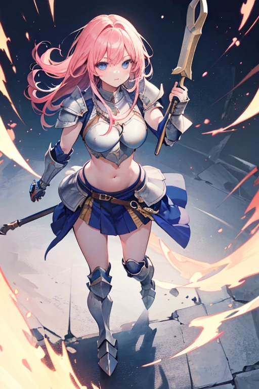 Masterpiece, Top Quality, Very Beautiful Girl, Beautiful Face and Eyes, Beautiful Hair, Solo, 1 Woman, Full Body Drawing, Dynamic Angle, (Armor: 2), pink Hair, Long Hair, Navel Out, Skirt, Battle Axe, Perfect Bust, Taut Breasts, Amazing Bust, Huge Breasts, Tall, blue eyes