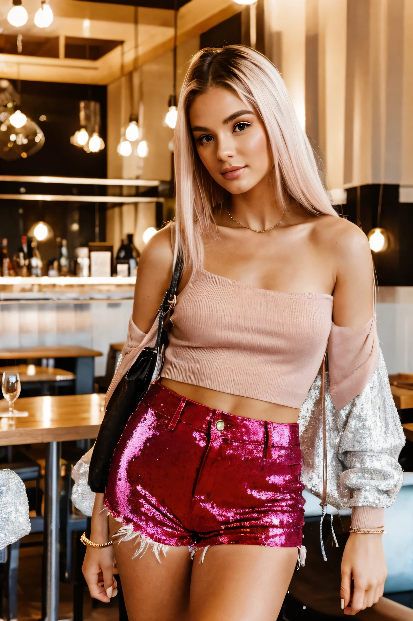 linda mulher, 20 anos de idade, rosto angelical, quadris largos e cabelo longo e liso rosa, she is in a restaurant she has thick lips, cor natural, top de lantejoulas rosa shorts jeans rasgados