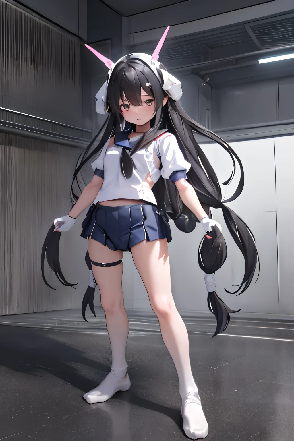 (highest quality)), ((masterpiece)), (very detailed: 1.3), 3D, {(1 girl)}, (wear navy buruma and white gym uniform with colored hem under armor:1.2), (black hair:1.5), (She is fused with futuristic Gundam mecha:1.2), with headgear, with v-fin , armored shoulders,armored under arms, armored under legs, short sleeve, attached 2 huge weapons on back, legs mounted weapon module, multilayer textureperfect proportions, octane rendering, duotone lighting, Low ISO, wide aperture, White balance, Rule of thirds, ultra HD16k, HDR (High Dynamic Range), Ray Tracing, NVIDIA RTX, Super Resolution, Subsurface Scattering, PBR Texturing, Post Processing, Anisotropic Filtering, Depth of Field, Maximum Clarity and Clarity, High efficiency subpixel, subpixel convolution, particles of light, light scattered, Tyndall effect, full body:1.5, battle pose, cute, (cute:1.2), (long hair:1.3),太い眉毛, 薄い色の虹彩, 大きくて輝いている黒い瞳, 長いまつげ, 小さく薄い色の自然な唇, (Average face of Japanese idols), (日本人特有の童顔:1.3), (baby おでこ:1.2, ふっくらした頬, 小さな顎, in the hangar,looking at viewer,Focus on the eyes