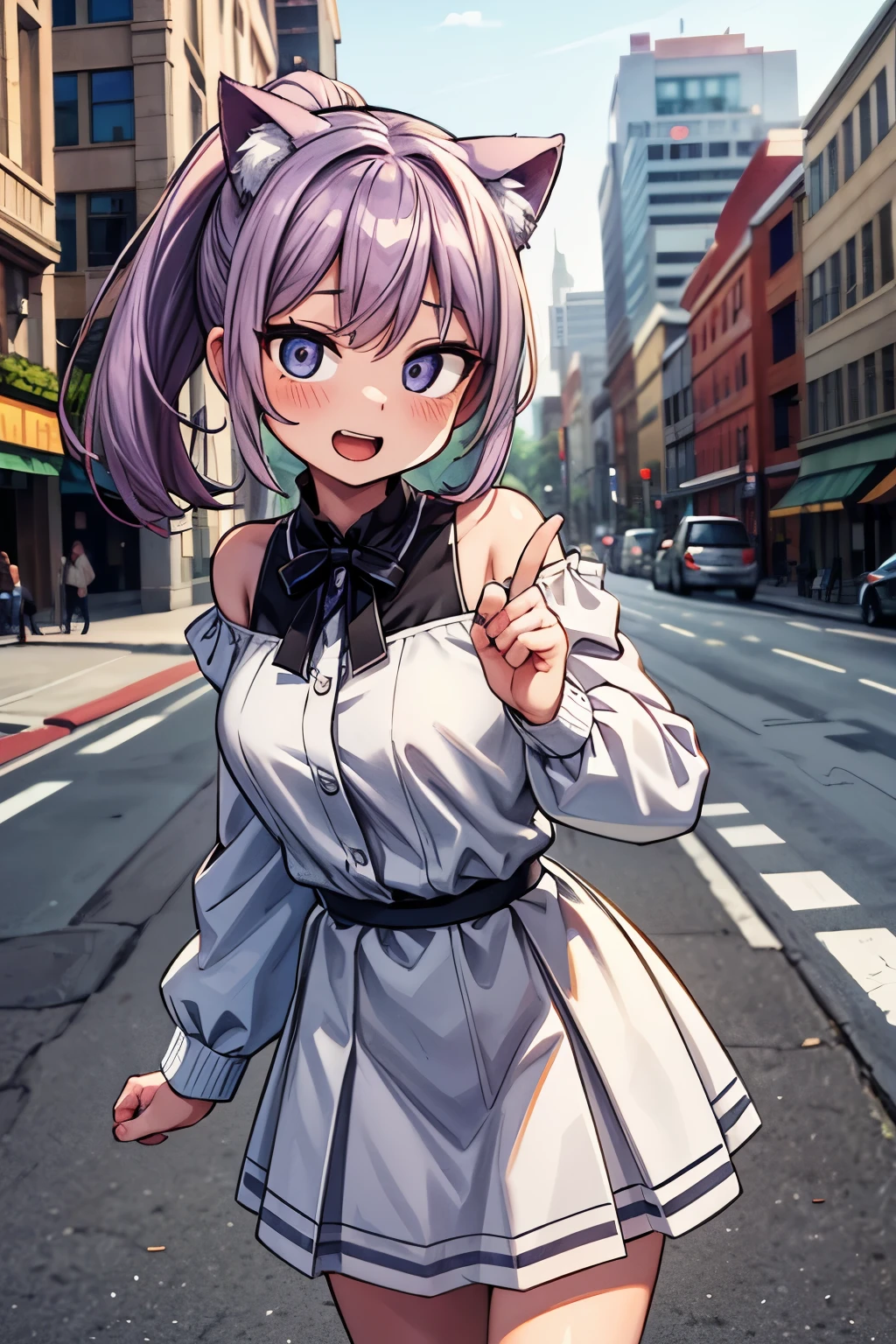 ((Masterpiece)), ((best quality)), (Photorealsitic:1.3), (super detailed), (standing on road), open mouth and laughing, 1girl, cute , ((seductive Pose)), (put on cat ears), messy long ponytail, pale purple hair, cute eyes, (white sleeves), (Off-shoulder long sleeves), city street, high res, ((beautiful eyes)),