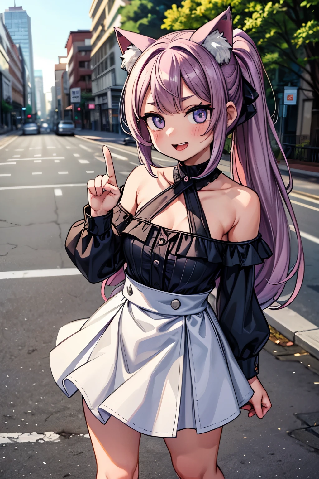 ((Masterpiece)), ((best quality)), (Photorealsitic:1.3), (super detailed), (standing on road), open mouth and laughing, 1girl, cute , ((seductive Pose)), (put on cat ears), messy long ponytail, pale purple hair, cute eyes, (white sleeves), (Off-shoulder long sleeves), city street, high res, ((beautiful eyes)),