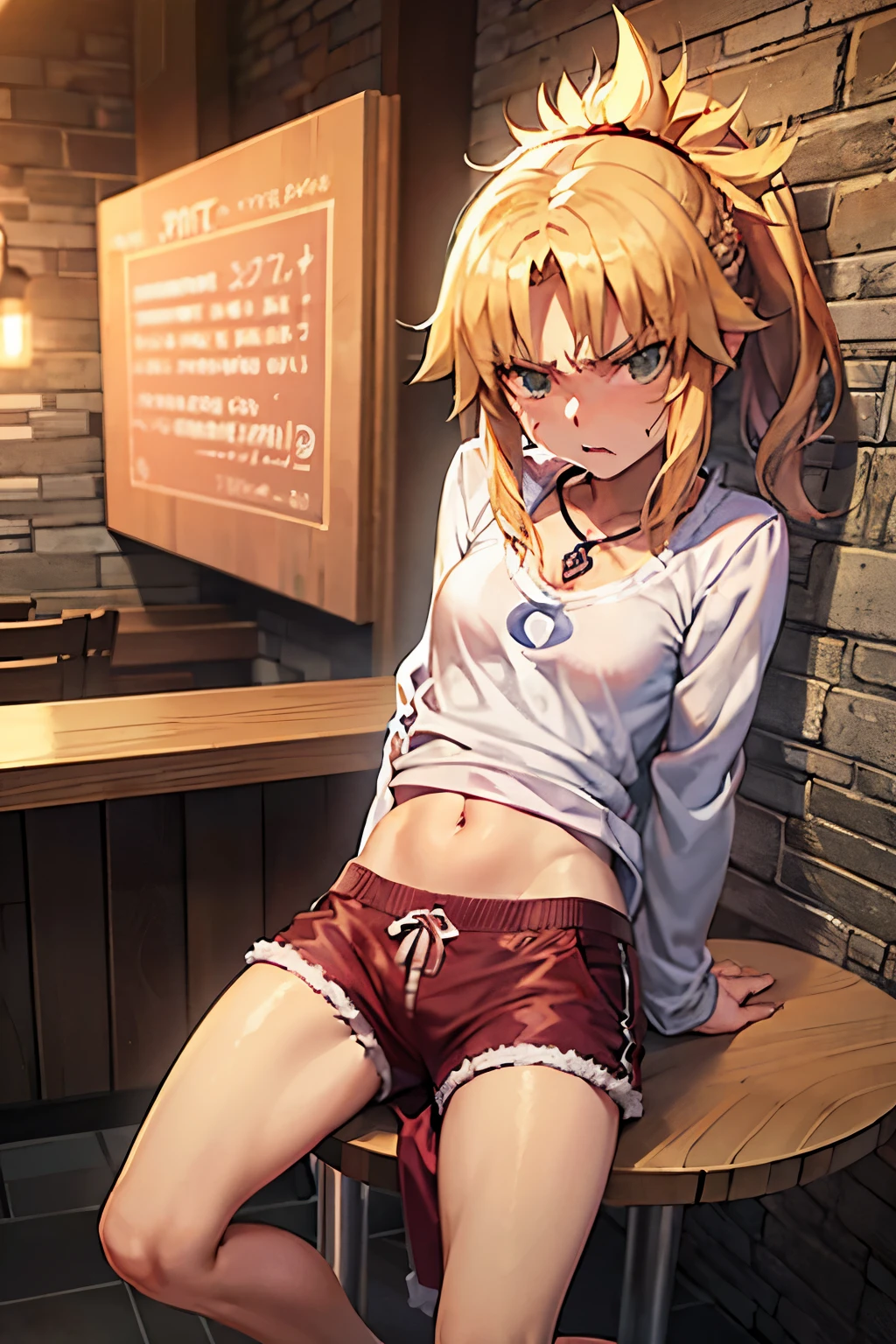 mordred at bar late night wearing casual clothes, 4k quality, ultra quality, anime style, upset, angry face, drunk, very drunk