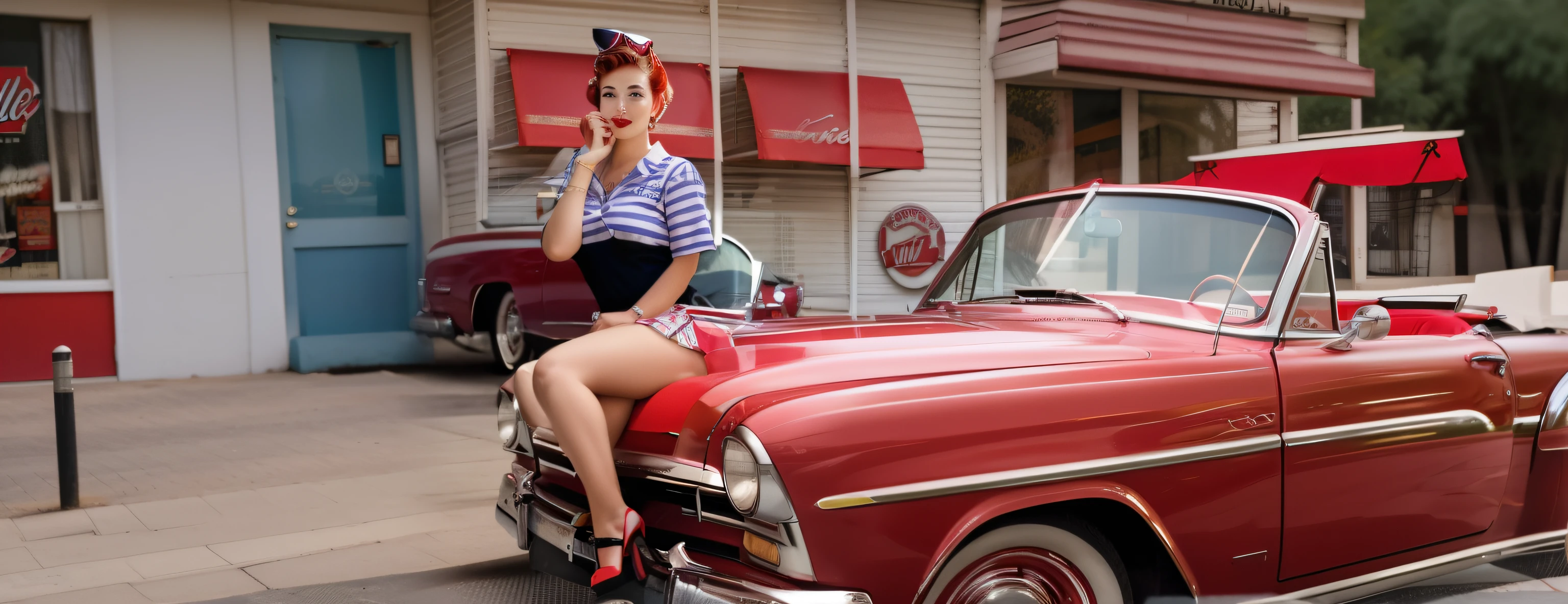 there is a woman leaning on the hood of a red car, pinup girl, pinup pose, pinup, pinup model, retro pinup model, pin up girl, pinup art, girl pinup, pin - up girl, pin up, pin - up, pin-up, pinup body, 1950s vibes, 5 0's diner, sixties pinup, short purple suit, red white striped t shirt without arms, red high heels, the pink flaming restaurant, leaning on the bonnet of the car