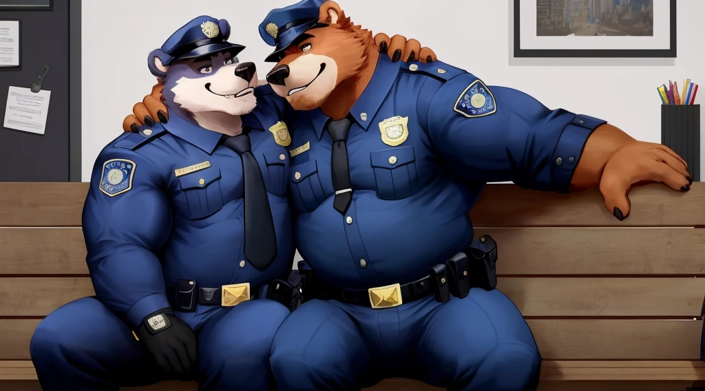 duo, 2male, 2character, german shepherd, anal_sex (penis on butt), humping from behind, having sex, wearing the police uniform, wearing brown cowboy boots (brown_boots), both of them are bottomless, close on penis and butt, toned body, 1/3 side view, leaning on the wall, standing sex, back alley, both eyes closed, tired expression, full-body view, author by: Meesh