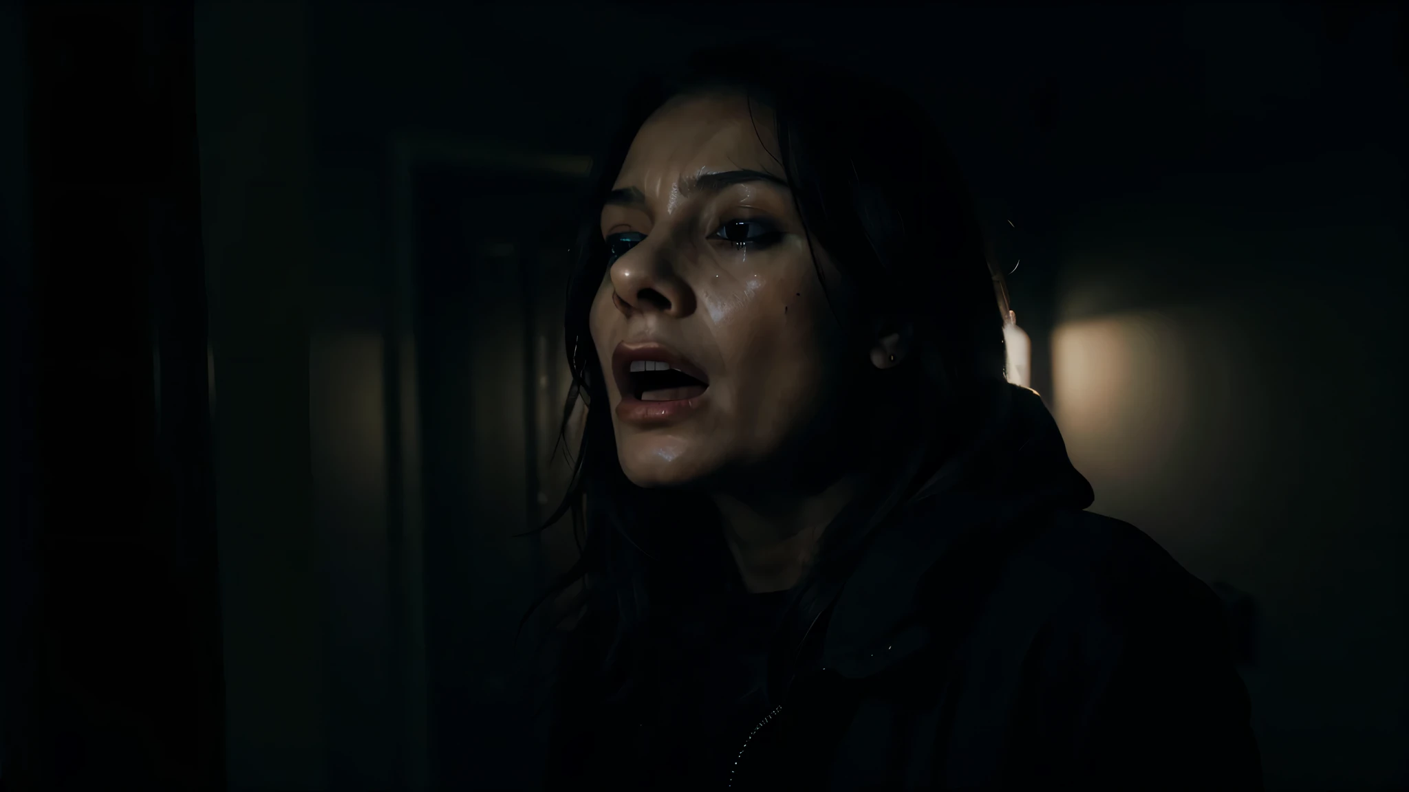 45 years old woman, scream, pain, Head ache, stroke, dark scene, cinematic, room, alone, cold, 4k, ultra details, cinematic
