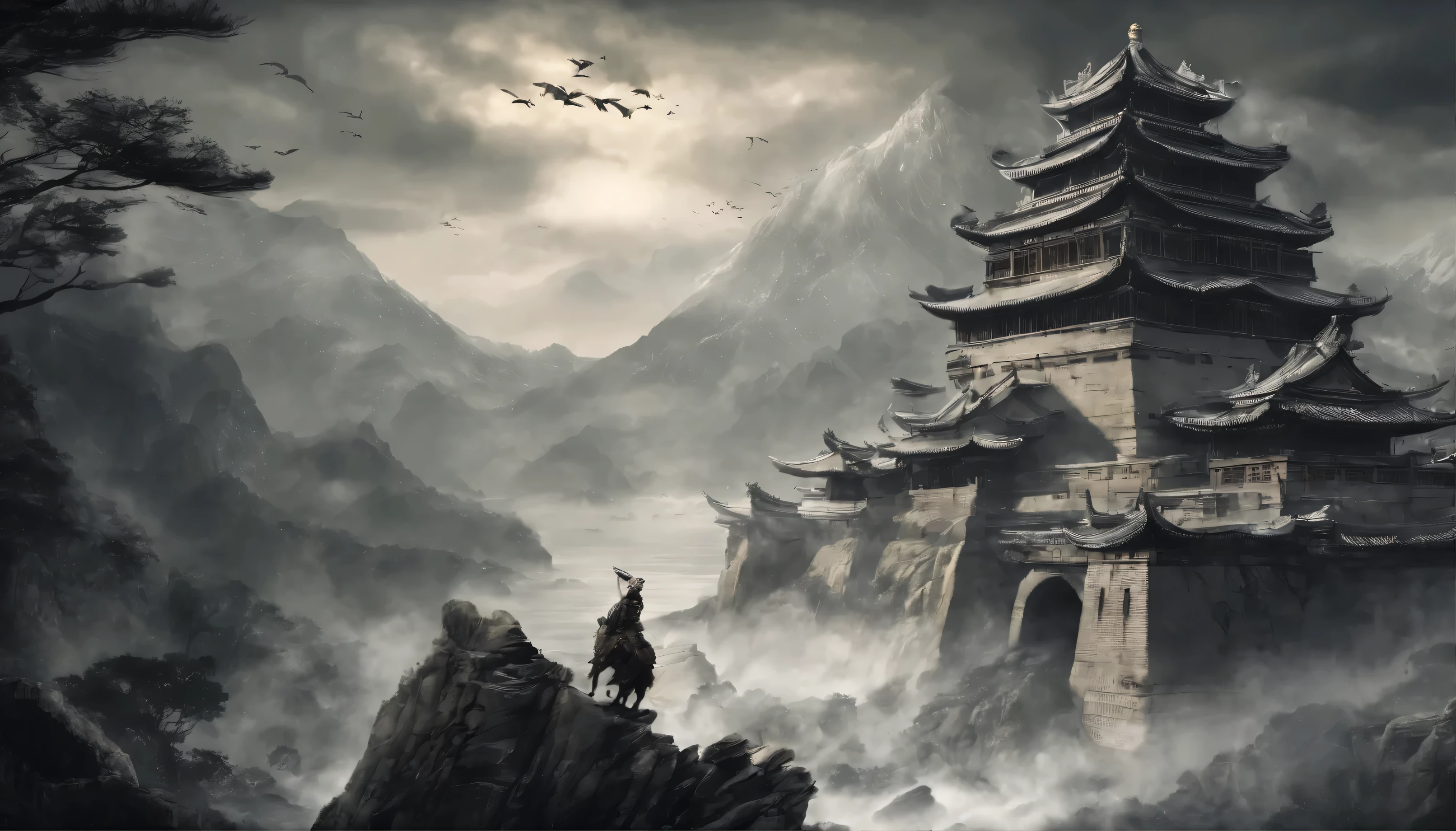 (best quality,4K,8k,high resolution,masterpiece:1.2),super detailed,(actual,photoactual,photo-actual:1.37),Chinese general,Traditional art style,rich and colorful,Vivid and dynamic brushstrokes,Battlefield setting,warrior,Decorative armor and helmets,symbolic tiger,Condescending,courageous expression,heroic bearing,portrait,Proud and noble qualities,ink painting style,detailed facial features,dynamic composition,momentum,Strategic battlefield map,Firm and confident eyes,Strong determination,Burst energy,Flags of war,FOG,Golden sunlight illuminates the scene,Background with traditional Chinese calligraphy,Realistic battle scenarios,Focus on accuracy,Dynamic movement,orders from afar,Set against a backdrop of majestic mountains,Impressive battle formation,Martial arts expertise and weapon proficiency,Wisdom and leadership,aura of authority,atmospheric perspective,dramatic lighting,Heroic legend,Chinese classical metaphor,Strong sense of tradition and cultural heritage