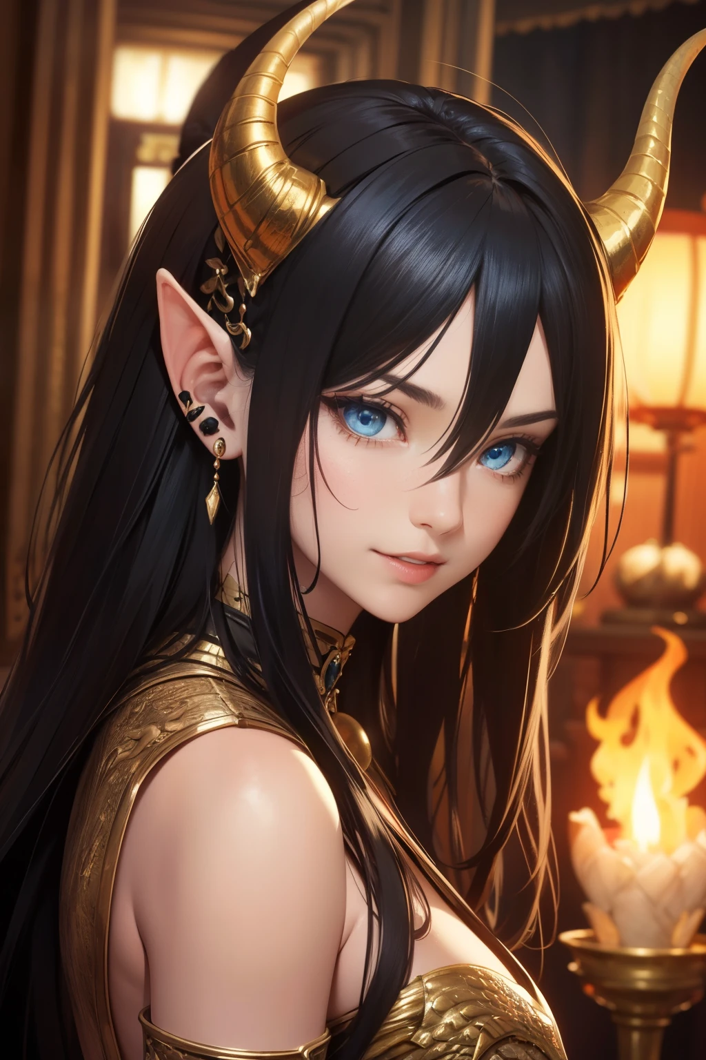 (best quality, 4k, 8k, highres, masterpiece:1.2), ultra-detailed, detailed face, (realistic,photorealistic,photo-realistic:1.37), professional. BREAK Lotan beautiful caucasian woman with straight long black hair, blue eyes, very long hair, fair skin and dragon horns on the head. BREAK (black hair:1.5), (blue eyes:1.5), (very long hair:1.2), (fair skin:1.5), voluptuous, detailed lips and eyes, expressive face, (attractive appearance), (dragon horns:1.5), (human ears:1.5), smiling, open mouth, bright smile, upper fangs, BREAK, (antique style:1.5),Long black chic dress, long coat(red), BREAK A beautiful girl at a shrine. She has long, flowing hair and stunning, detailed eyes that capture the audience's gaze. Her lips are perfectly sculpted and add a touch of allure to her captivating face. She is wearing a glamorous priestly gown that hugs her curves and accentuates her figure. Grim atmosphere, fantasy medieval world, antique temple interior, dragon deity worship ritual, fire elements, incense smoke, flickering torches, hanging tapestries, ancient symbols, altar with dragon motifs, silver ritual tools, temple stone walls, soft light diffusing, BREAK, (master piece background), (sense of depth), (depth of field), dramatic lighting, BREAK, (full body), (from an angle slighltly below), dynamic angle, dynamic pose.