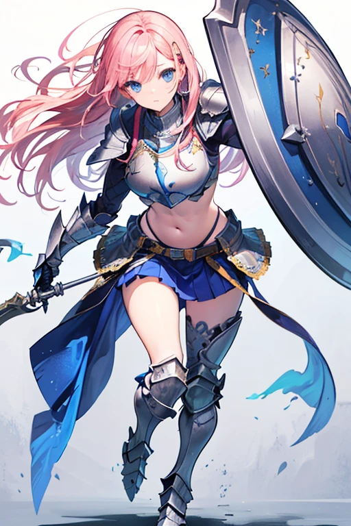 Masterpiece, Top Quality, Very Beautiful Girl, Beautiful Face and Eyes, Beautiful Hair, Solo, 1 Woman, Full Body Drawing, Dynamic Angle, (Armor: 2), pink Hair, Long Hair, Navel Out, Skirt, Battle Axe, Perfect Bust, Taut Breasts, Amazing Bust, Huge Breasts, Tall, blue eyes
