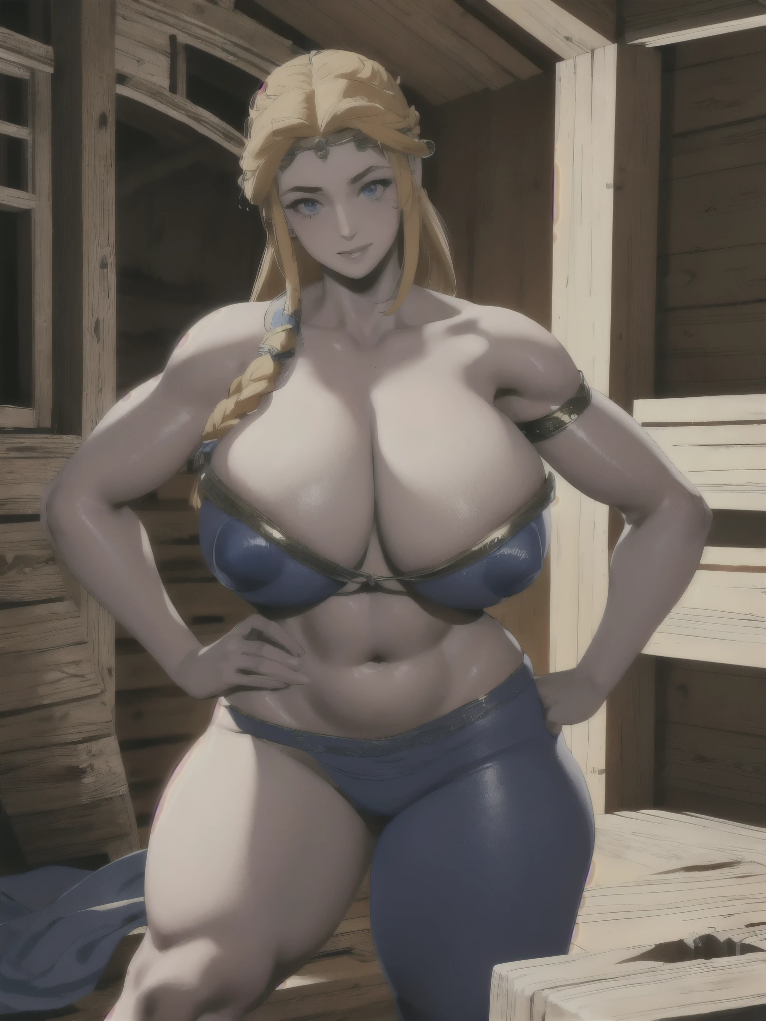 Sif de "God of War Ragnarok", 18 year old woman, Algo muscular, Usando su traje muy ajustado, Pechos gigantes, Cabello largo y color amarillo con tranzas, Ojos azules, Caderas Enormes, culo enorme, Ojos derechos y detallados, Rostro detallado, Labios llamativos, pintalabios rojo, Sonriendo, Mostrar cuerpo completo, Haciendo una pose de modelo, Background of a cabin, Bold colors and solid tone, Alta calidad.