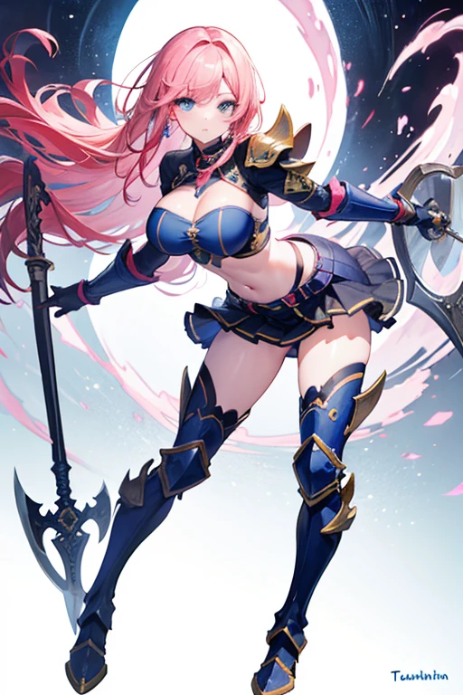 Masterpiece, Top Quality, Very Beautiful Girl, Beautiful Face and Eyes, Beautiful Hair, Solo, 1 Woman, Full Body Drawing, Dynamic Angle, (Armor: 1), pink Hair, Long Hair, Navel Out, Skirt, Battle Axe, Perfect Bust, Taut Breasts, Amazing Bust, Huge Breasts, Tall, blue eyes