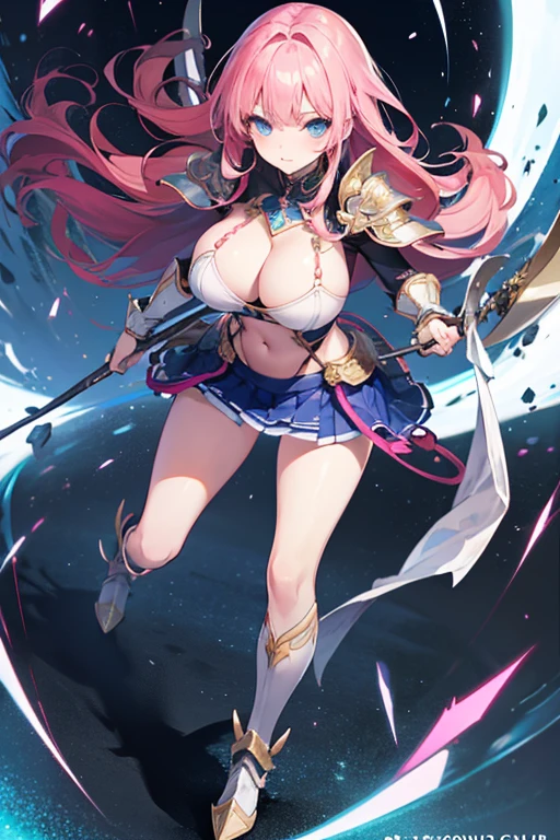 Masterpiece, Top Quality, Very Beautiful Girl, Beautiful Face and Eyes, Beautiful Hair, Solo, 1 Woman, Full Body Drawing, Dynamic Angle, (Armor: 1), pink Hair, Long Hair, Navel Out, Skirt, Battle Axe, Perfect Bust, Taut Breasts, Amazing Bust, Huge Breasts, Tall, blue eyes