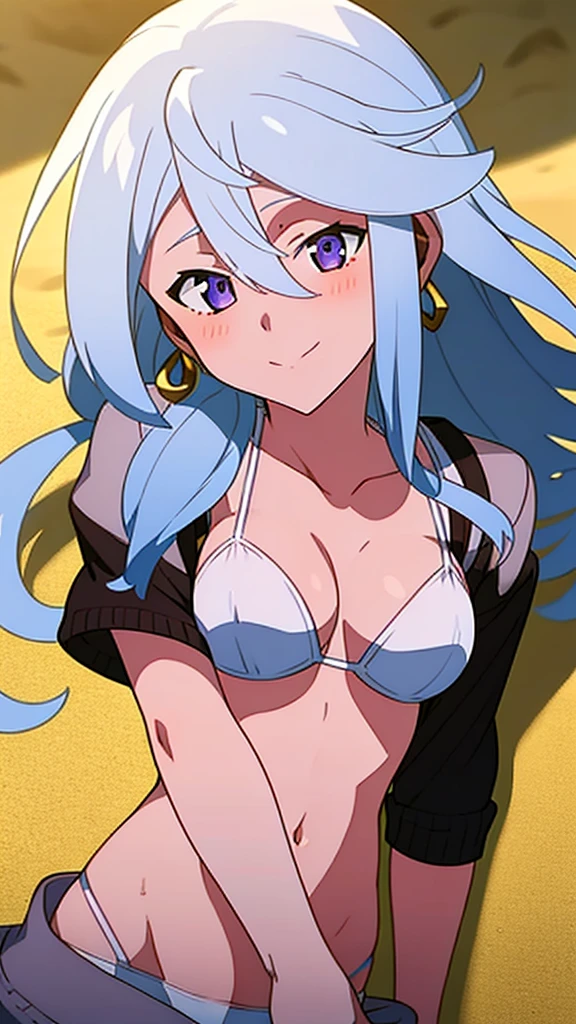 masterpiece, best quality, 1 solo girl, white hair, purple eyes, wavy hair, long hair, medium breasts, mature body and face, white bikini, jewelry, hair ornament, earrings, ball, lying at the sand, white sand, summer, cowboy shots, sexy pose, dakimakura, detailed body, face, and eyes, sharp focus, vibrant, creative, dynamic, high definition, high resolution, 8k, (Upscale: R-ESRGAN 4x+ Anime6B), (Image enchance:4x), voluptuous body, summer girl,