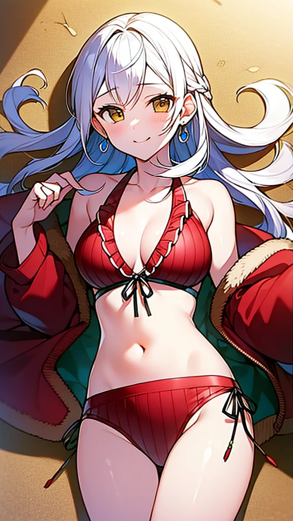 masterpiece, best quality, 1 solo girl, white hair, yellow eyes, wavy hair, long hair, medium breasts, mature body and face, white bikini, jewelry, hair ornament, earrings, ball, lying at the sand, white sand, summer, cowboy shots, sexy pose, dakimakura, detailed body, face, and eyes, sharp focus, vibrant, creative, dynamic, high definition, high resolution, 8k, (Upscale: R-ESRGAN 4x+ Anime6B), (Image enchance:4x), voluptuous body, summer girl,