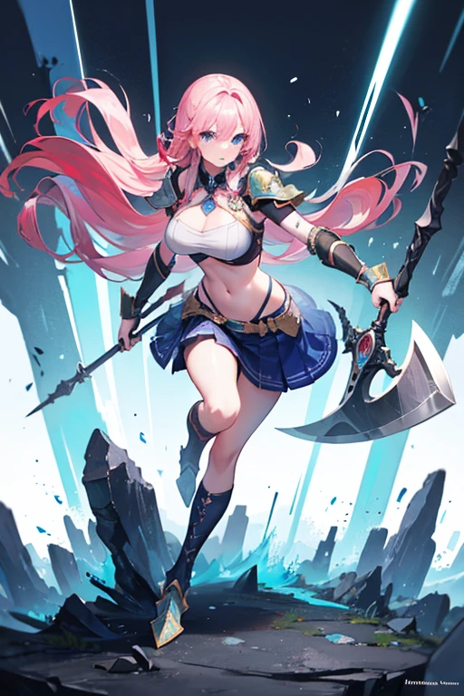 Masterpiece, Top Quality, Very Beautiful Girl, Beautiful Face and Eyes, Beautiful Hair, Solo, 1 Woman, Full Body Drawing, Dynamic Angle, (Armor: 1), pink Hair, Long Hair, Navel Out, Skirt, Battle Axe, Perfect Bust, Taut Breasts, Amazing Bust, Huge Breasts, Tall, blue eyes