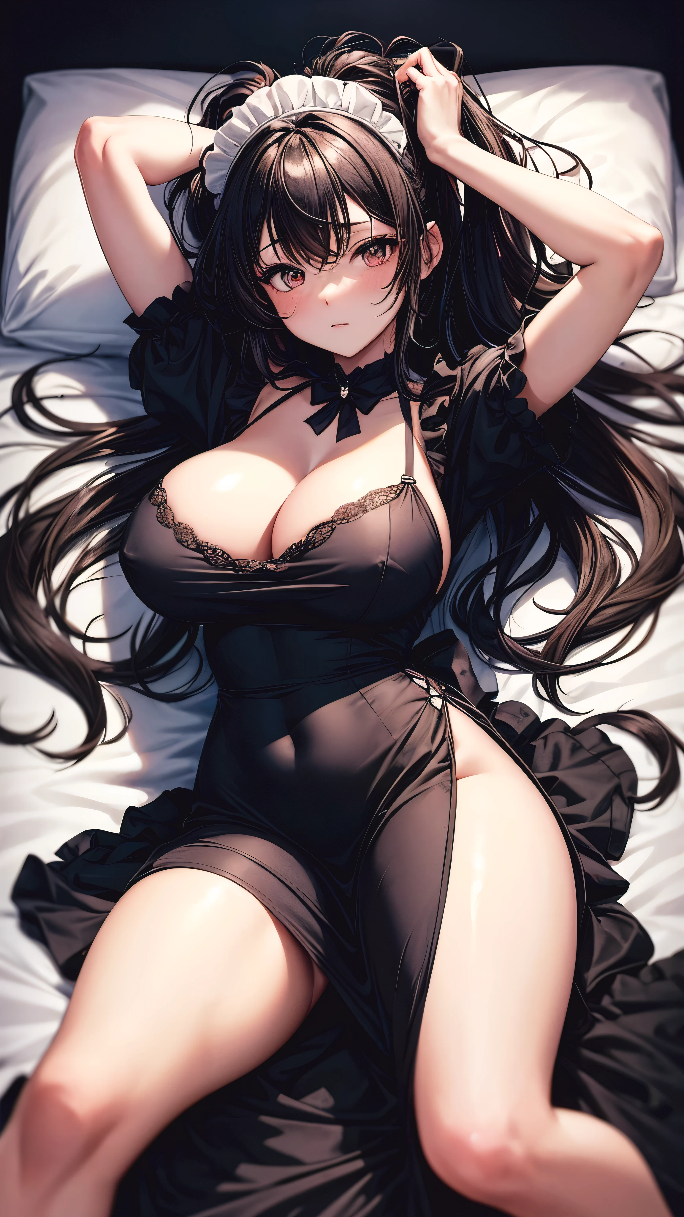 maid , drunk girl , messy hair , messy hair on her face , with arms up , lying on bed , full body view , thick body, long maid dress , black dress , huge thighs ,wide hipe