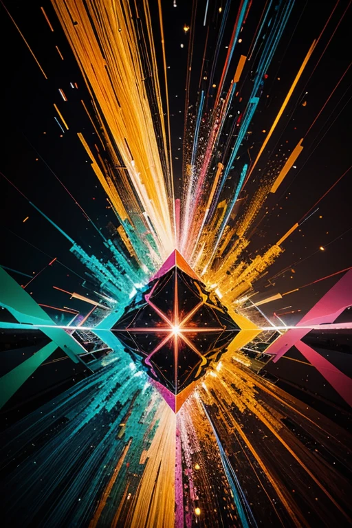 Create an abstract image that represents an explosion of vibrant colors. Explore geometric shapes and unconventional patterns to convey a sense of energy and dynamism.