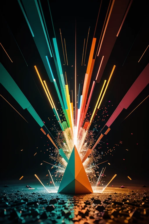 Create an abstract image that represents an explosion of vibrant colors. Explore geometric shapes and unconventional patterns to convey a sense of energy and dynamism.