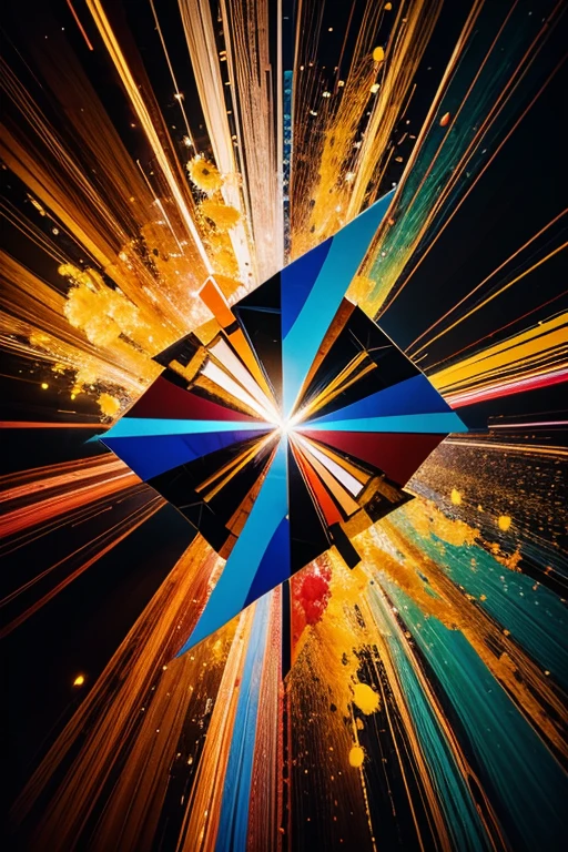 Create an abstract image that represents an explosion of vibrant colors. Explore geometric shapes and unconventional patterns to convey a sense of energy and dynamism.