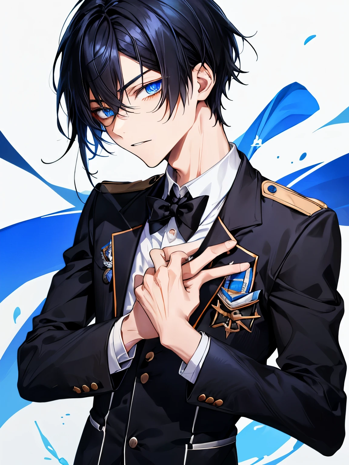 young male teenager, blue eyes, black hair, uniform, academy, staring coldly, black blue hair