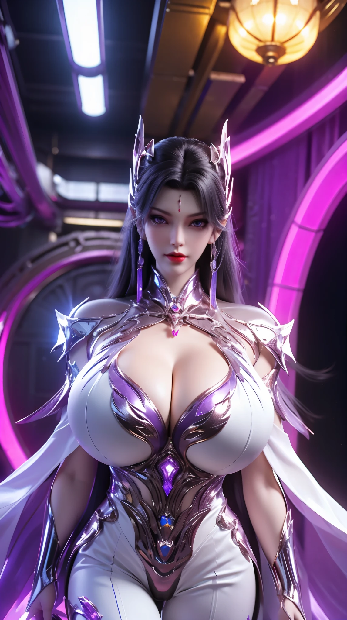 A beauty girl douyin, 1GIRL, (MECHA PHOENIX GOLD HELM:1),((HUGE FAKE BREASTS,CLEAVAGE:1.5)), (MUSCLE ABS:1.3), ((LED BODY:1.1)), (PURPLE SHINY FUTURISTIC MECHA BRA,BLACK SKINTIGHT MECHA PANTIES:1.5), (PERFECT THICK BODY, GLOWING BODY SKIN:1.1), (LOOKING AT VIEWER:1.3), (HALLWAY OF FUTURISTIC SPACE STATION:1), (BRIGHT LIGHT WHITE_ROOM:1.3), HYPER TEXTURE, UNREAL ENGINE RENDER, PHYSICALLY-BASED RENDERING, ULTRA HIGHT DEFINITION, 16K, 1080P.